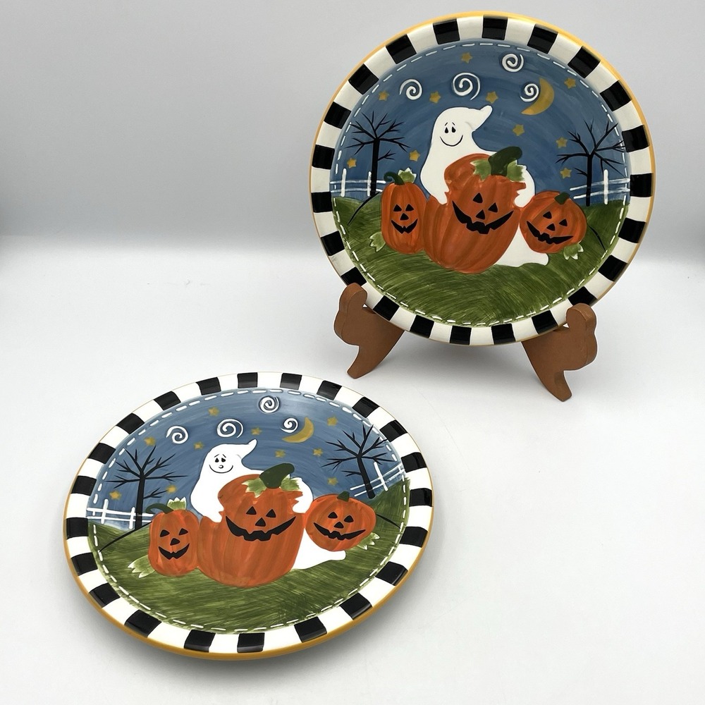 Vintage 2000s Halloween Ghost Jack O Lantern Pumpkin Plates 8.25" Set of 2